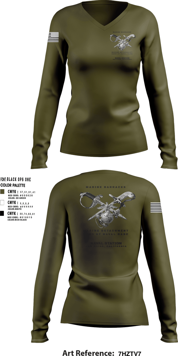 Women's Long Sleeve Vneck Shirt, Marine Barracks/ Marine Detachment   32nd St Naval Base, Marines, Teamtime, Team time, sublimation, custom sports apparel, team uniforms, spirit wear, spiritwear, sports uniforms, custom shirts, team store, custom team store, fundraiser sports, apparel fundraiser
