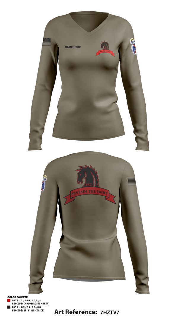 Women's Long Sleeve Vneck Shirt, Echo FSC Stampede 7th Eng, Army, Teamtime, Team time, sublimation, custom sports apparel, team uniforms, spirit wear, spiritwear, sports uniforms, custom shirts, team store, custom team store, fundraiser sports, apparel fundraiser