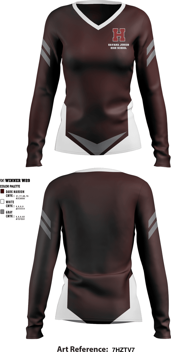 Women's Long Sleeve Vneck Shirt, Havana Junior High School, Spirit Store, Teamtime, Team time, sublimation, custom sports apparel, team uniforms, spirit wear, spiritwear, sports uniforms, custom shirts, team store, custom team store, fundraiser sports, apparel fundraiser