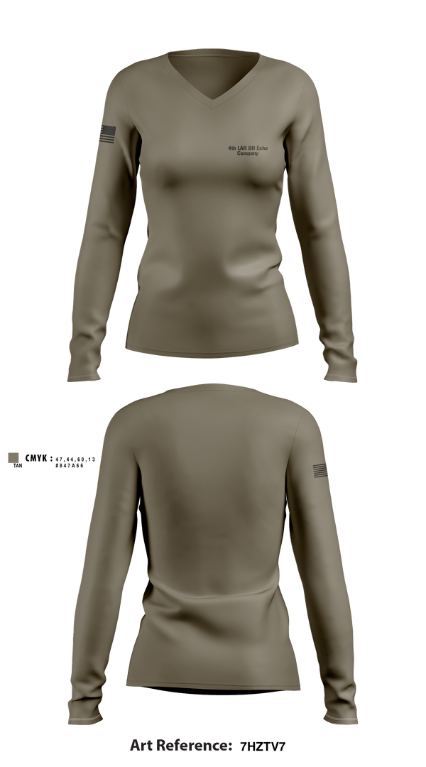 Women's Long Sleeve Vneck Shirt, 4th LAR BN Echo Company, Marines, Teamtime, Team time, sublimation, custom sports apparel, team uniforms, spirit wear, spiritwear, sports uniforms, custom shirts, team store, custom team store, fundraiser sports, apparel fundraiser