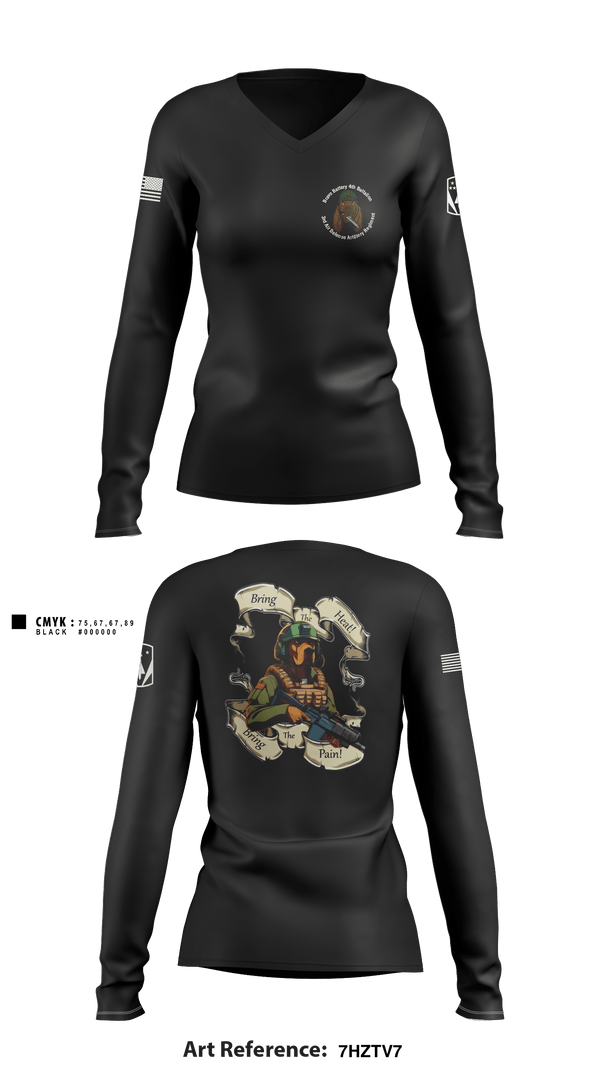 Women's Long Sleeve Vneck Shirt, Bravo Battery, 4th Battalion, 3rd Air Defense Artillery Regiment, Army, Teamtime, Team time, sublimation, custom sports apparel, team uniforms, spirit wear, spiritwear, sports uniforms, custom shirts, team store, custom team store, fundraiser sports, apparel fundraiser