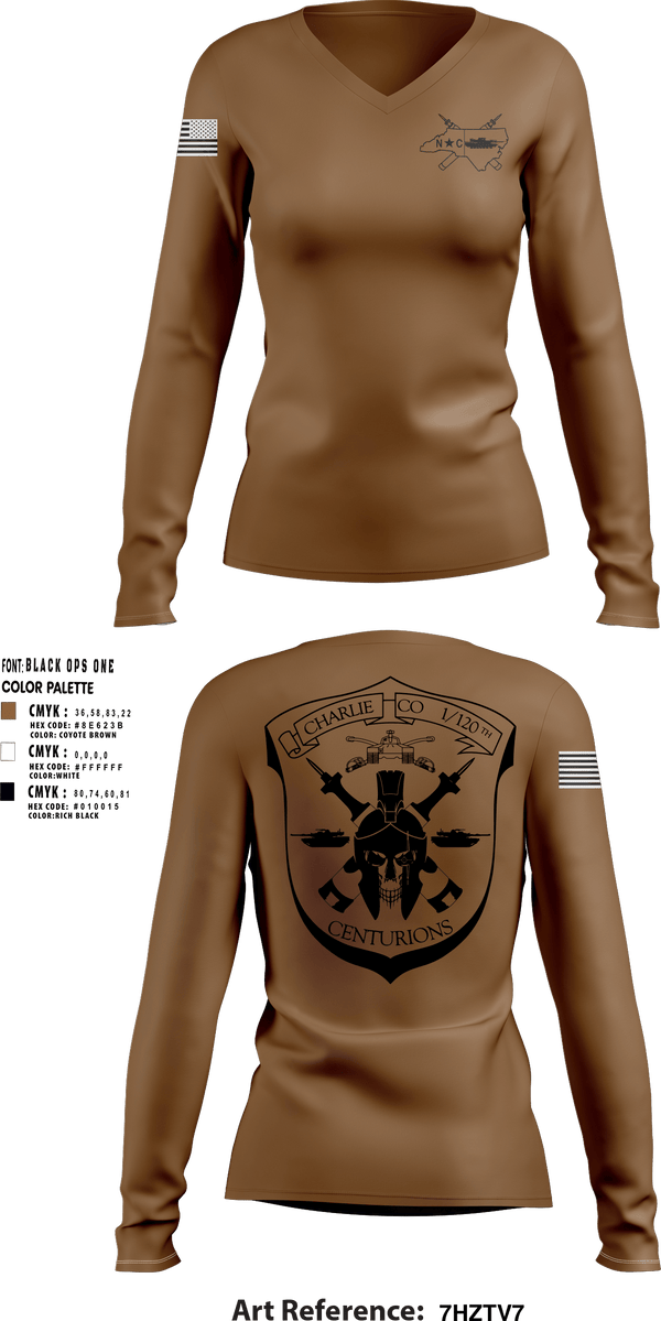 Women's Long Sleeve Vneck Shirt, Charlie Co 1/120th, Army, Teamtime, Team time, sublimation, custom sports apparel, team uniforms, spirit wear, spiritwear, sports uniforms, custom shirts, team store, custom team store, fundraiser sports, apparel fundraiser