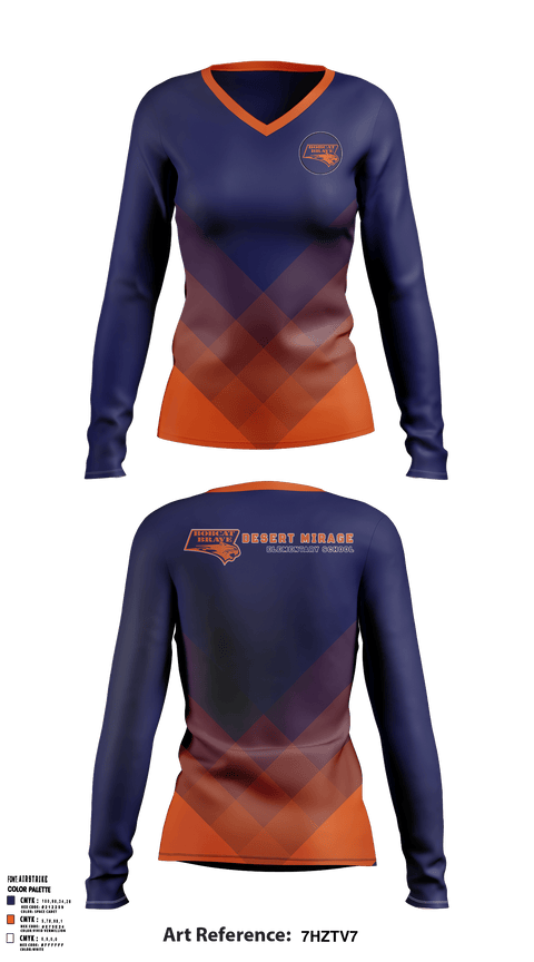 Women's Long Sleeve Vneck Shirt, Desert Mirage Elementary School, Spirit Store, Teamtime, Team time, sublimation, custom sports apparel, team uniforms, spirit wear, spiritwear, sports uniforms, custom shirts, team store, custom team store, fundraiser sports, apparel fundraiser