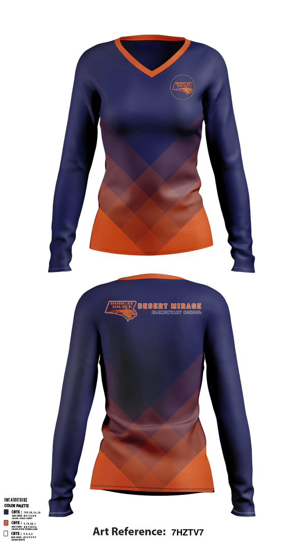 Women's Long Sleeve Vneck Shirt, Desert Mirage Elementary School, Spirit Store, Teamtime, Team time, sublimation, custom sports apparel, team uniforms, spirit wear, spiritwear, sports uniforms, custom shirts, team store, custom team store, fundraiser sports, apparel fundraiser