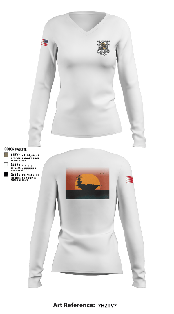 Women's Long Sleeve Vneck Shirt, USS Retirement, Navy, Teamtime, Team time, sublimation, custom sports apparel, team uniforms, spirit wear, spiritwear, sports uniforms, custom shirts, team store, custom team store, fundraiser sports, apparel fundraiser