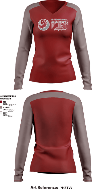 Women's Long Sleeve Vneck Shirt, International Academy of Flint, Spirit Store, Teamtime, Team time, sublimation, custom sports apparel, team uniforms, spirit wear, spiritwear, sports uniforms, custom shirts, team store, custom team store, fundraiser sports, apparel fundraiser
