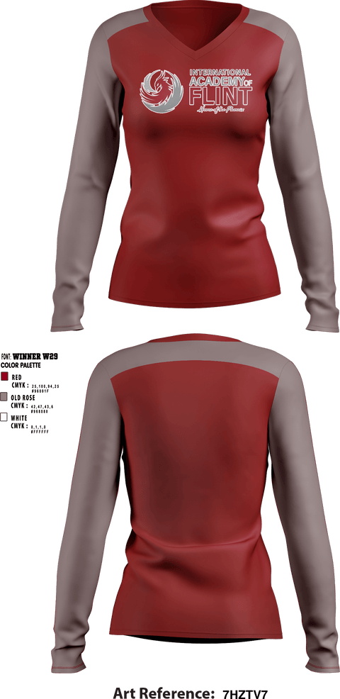 Women's Long Sleeve Vneck Shirt, International Academy of Flint, Spirit Store, Teamtime, Team time, sublimation, custom sports apparel, team uniforms, spirit wear, spiritwear, sports uniforms, custom shirts, team store, custom team store, fundraiser sports, apparel fundraiser
