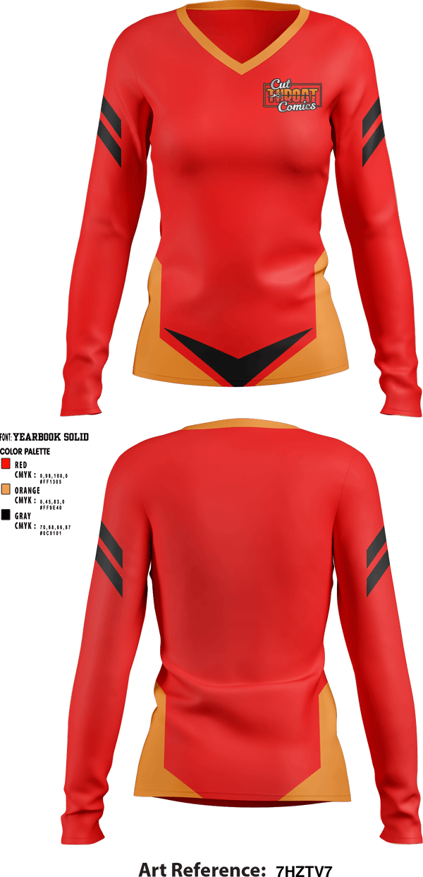Women's Long Sleeve Vneck Shirt, Cut Throat Comics, , Teamtime, Team time, sublimation, custom sports apparel, team uniforms, spirit wear, spiritwear, sports uniforms, custom shirts, team store, custom team store, fundraiser sports, apparel fundraiser