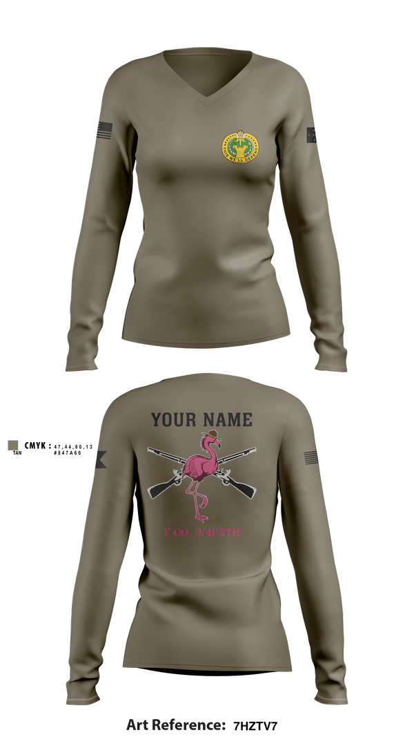 Women's Long Sleeve Vneck Shirt, Flamingo Co F 3/485 IN, Army, Teamtime, Team time, sublimation, custom sports apparel, team uniforms, spirit wear, spiritwear, sports uniforms, custom shirts, team store, custom team store, fundraiser sports, apparel fundraiser