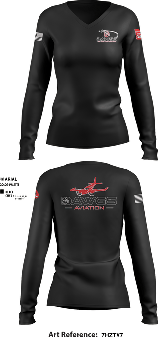 Women's Long Sleeve Vneck Shirt, Dawgs Aviation, , Teamtime, Team time, sublimation, custom sports apparel, team uniforms, spirit wear, spiritwear, sports uniforms, custom shirts, team store, custom team store, fundraiser sports, apparel fundraiser