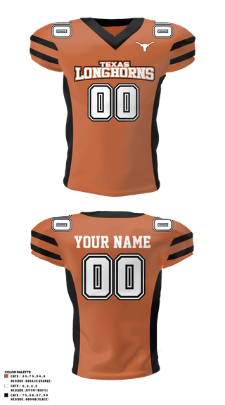 Football Jersey, Texas Longhorns, Football, Teamtime, Team time, sublimation, custom sports apparel, team uniforms, spirit wear, spiritwear, sports uniforms, custom shirts, team store, custom team store, fundraiser sports, apparel fundraiser