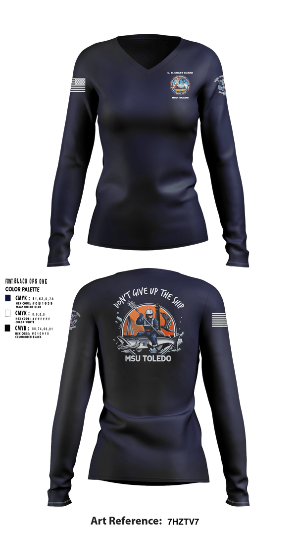 Women's Long Sleeve Vneck Shirt, MSU Toledo, Coast Guard, Teamtime, Team time, sublimation, custom sports apparel, team uniforms, spirit wear, spiritwear, sports uniforms, custom shirts, team store, custom team store, fundraiser sports, apparel fundraiser