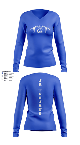 Women's Long Sleeve Vneck Shirt, Orland Jr Trojans Football, Football, Teamtime, Team time, sublimation, custom sports apparel, team uniforms, spirit wear, spiritwear, sports uniforms, custom shirts, team store, custom team store, fundraiser sports, apparel fundraiser