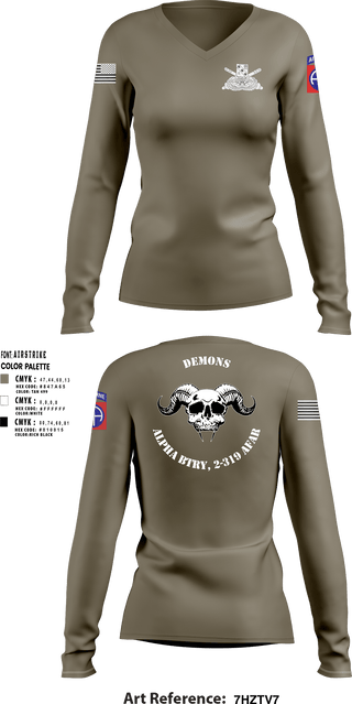 Women's Long Sleeve Vneck Shirt, ALPHA BTRY, 2-319th AFAR, Army, Teamtime, Team time, sublimation, custom sports apparel, team uniforms, spirit wear, spiritwear, sports uniforms, custom shirts, team store, custom team store, fundraiser sports, apparel fundraiser