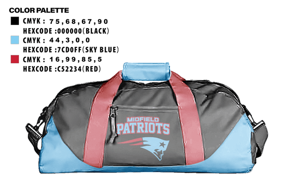 Duffle Bag, Midfield Patriots, Baseball, Teamtime, Team time, sublimation, custom sports apparel, team uniforms, spirit wear, spiritwear, sports uniforms, custom shirts, team store, custom team store, fundraiser sports, apparel fundraiser