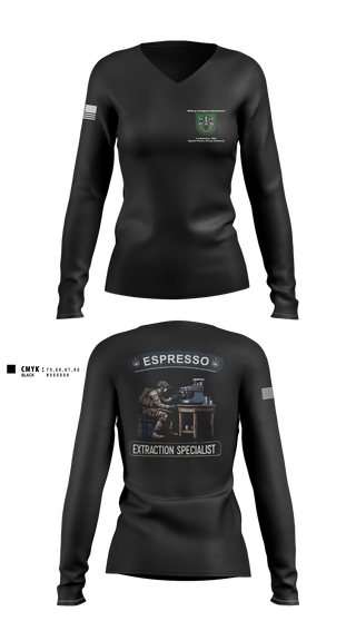 Women's Long Sleeve Vneck Shirt, Military Intelligence Detachment 1st Battalion 10th Special Forces Group (Airborne), Army, Teamtime, Team time, sublimation, custom sports apparel, team uniforms, spirit wear, spiritwear, sports uniforms, custom shirts, team store, custom team store, fundraiser sports, apparel fundraiser