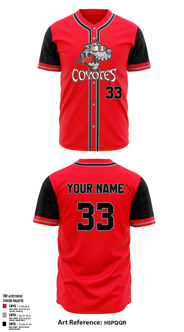 Full Button Baseball Jersey, Coyotes, Baseball, Teamtime, Team time, sublimation, custom sports apparel, team uniforms, spirit wear, spiritwear, sports uniforms, custom shirts, team store, custom team store, fundraiser sports, apparel fundraiser