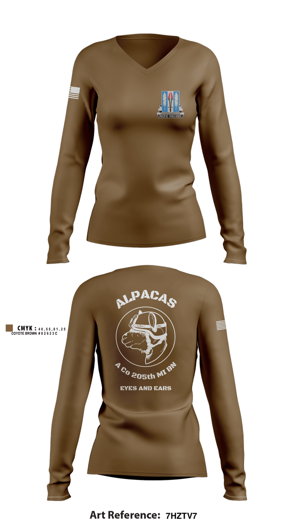 Women's Long Sleeve Vneck Shirt, Alpha Company 205th MI BN, Army, Teamtime, Team time, sublimation, custom sports apparel, team uniforms, spirit wear, spiritwear, sports uniforms, custom shirts, team store, custom team store, fundraiser sports, apparel fundraiser