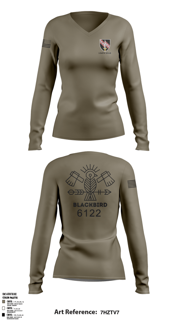 Women's Long Sleeve Vneck Shirt, 1-54th SFABBco 1/54th SFAB, Army, Teamtime, Team time, sublimation, custom sports apparel, team uniforms, spirit wear, spiritwear, sports uniforms, custom shirts, team store, custom team store, fundraiser sports, apparel fundraiser