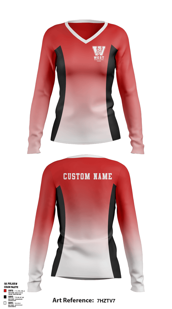 Women's Long Sleeve Vneck Shirt, West Middle School Cheer, Cheer, Teamtime, Team time, sublimation, custom sports apparel, team uniforms, spirit wear, spiritwear, sports uniforms, custom shirts, team store, custom team store, fundraiser sports, apparel fundraiser
