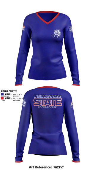 Women's Long Sleeve Vneck Shirt, Tennessee State University Cheer, Cheer, Teamtime, Team time, sublimation, custom sports apparel, team uniforms, spirit wear, spiritwear, sports uniforms, custom shirts, team store, custom team store, fundraiser sports, apparel fundraiser