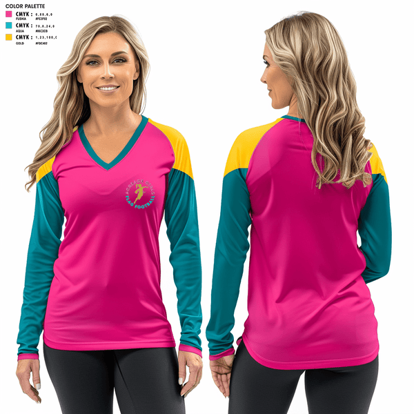 Women's Long Sleeve Vneck Shirt, Acreage Girls Flag Football, Football, Teamtime, Team time, sublimation, custom sports apparel, team uniforms, spirit wear, spiritwear, sports uniforms, custom shirts, team store, custom team store, fundraiser sports, apparel fundraiser