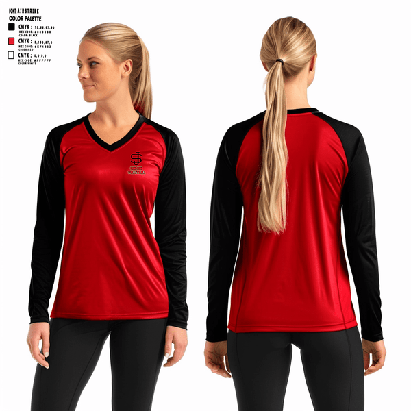 Women's Long Sleeve Vneck Shirt, San Jon High School Volleyball, Women's Volleyball, Teamtime, Team time, sublimation, custom sports apparel, team uniforms, spirit wear, spiritwear, sports uniforms, custom shirts, team store, custom team store, fundraiser sports, apparel fundraiser