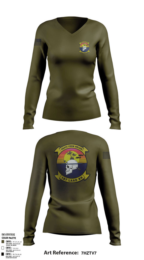 Women's Long Sleeve Vneck Shirt, 1st LAAD, Marines, Teamtime, Team time, sublimation, custom sports apparel, team uniforms, spirit wear, spiritwear, sports uniforms, custom shirts, team store, custom team store, fundraiser sports, apparel fundraiser