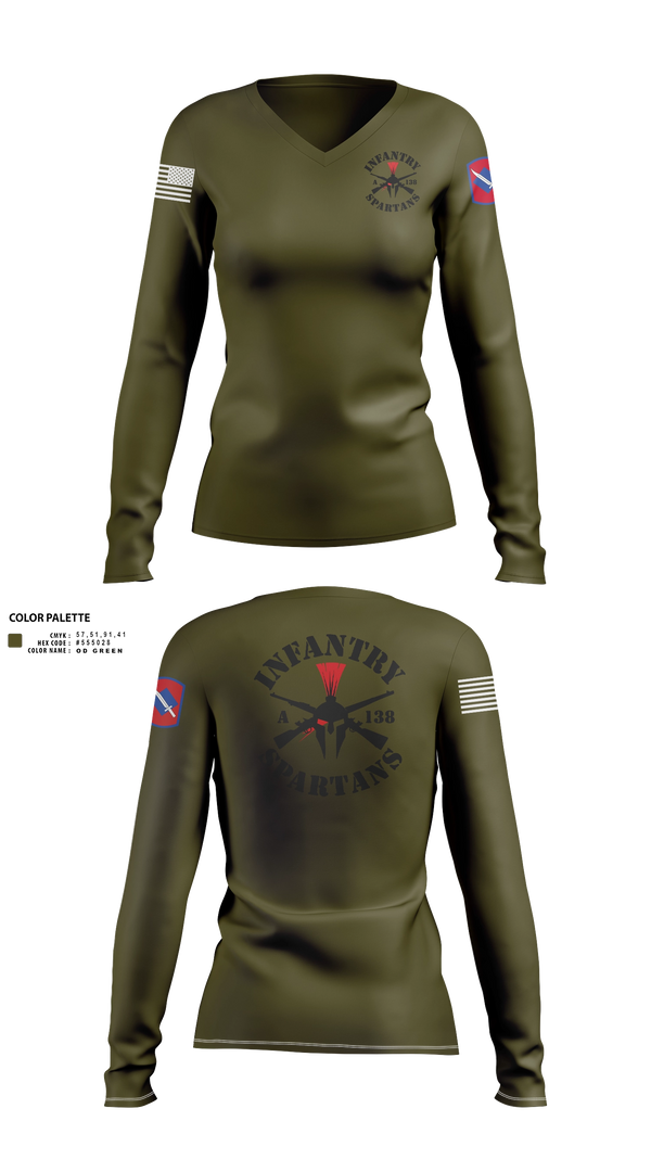 Women's Long Sleeve Vneck Shirt, Alpha Company 1-138th Infantry Regiment, , Teamtime, Team time, sublimation, custom sports apparel, team uniforms, spirit wear, spiritwear, sports uniforms, custom shirts, team store, custom team store, fundraiser sports, apparel fundraiser