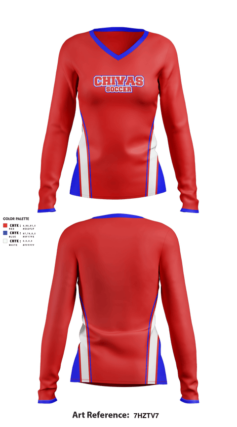 Women's Long Sleeve Vneck Shirt, Chivas, Women's Soccer, Teamtime, Team time, sublimation, custom sports apparel, team uniforms, spirit wear, spiritwear, sports uniforms, custom shirts, team store, custom team store, fundraiser sports, apparel fundraiser