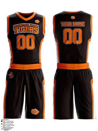 Basketball Uniform, Mountain home tigers, Men's Basketball, Teamtime, Team time, sublimation, custom sports apparel, team uniforms, spirit wear, spiritwear, sports uniforms, custom shirts, team store, custom team store, fundraiser sports, apparel fundraiser