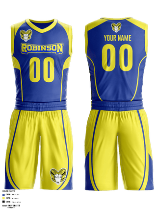 Basketball Uniform, Robinson Secondary School Basketball, Men's Basketball, Teamtime, Team time, sublimation, custom sports apparel, team uniforms, spirit wear, spiritwear, sports uniforms, custom shirts, team store, custom team store, fundraiser sports, apparel fundraiser