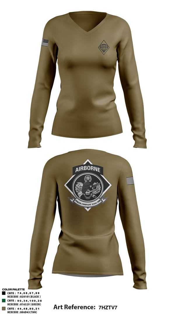 Women's Long Sleeve Vneck Shirt, Joker Company 2/501 PIR 76292379, Army, Teamtime, Team time, sublimation, custom sports apparel, team uniforms, spirit wear, spiritwear, sports uniforms, custom shirts, team store, custom team store, fundraiser sports, apparel fundraiser