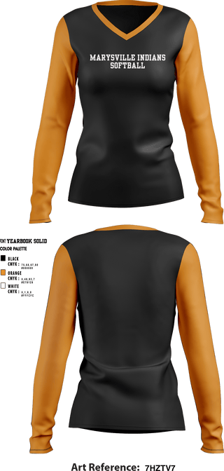 Women's Long Sleeve Vneck Shirt, Marysville indians, Softball, Teamtime, Team time, sublimation, custom sports apparel, team uniforms, spirit wear, spiritwear, sports uniforms, custom shirts, team store, custom team store, fundraiser sports, apparel fundraiser